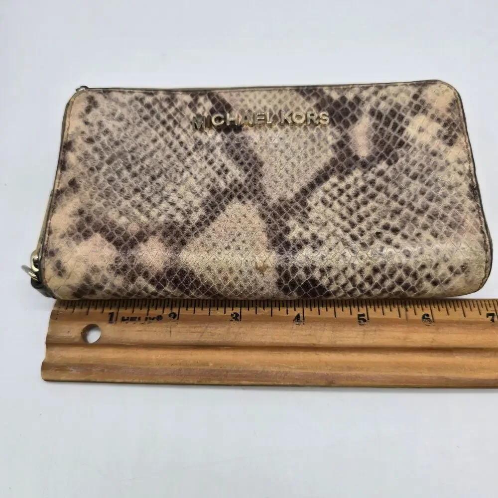 Michael Kors Jet Set Travel Zip Around Clutch Wallet Snake Print Brown NO STRAP